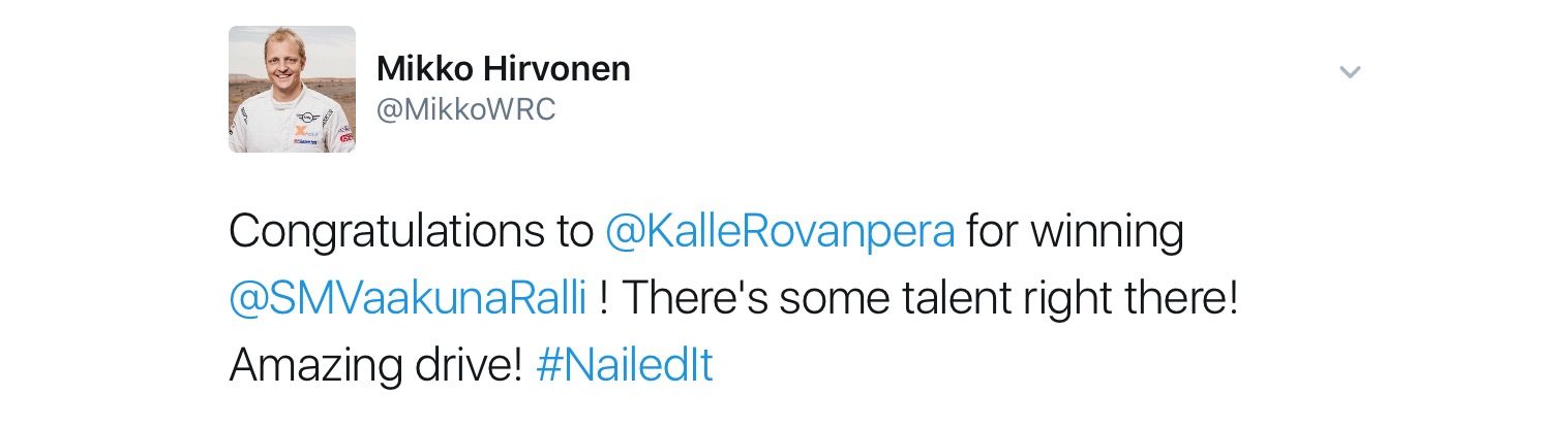 Hirvonen tweet Kalle Rovanperä 